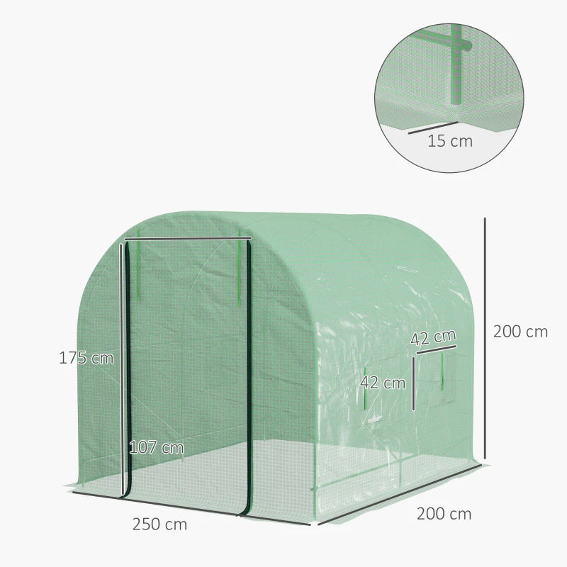 Green Walk-In Garden Greenhouse with Steel Frame, PE Cover, Roll-Up Door, 4 Windows - 2.5 x 2m