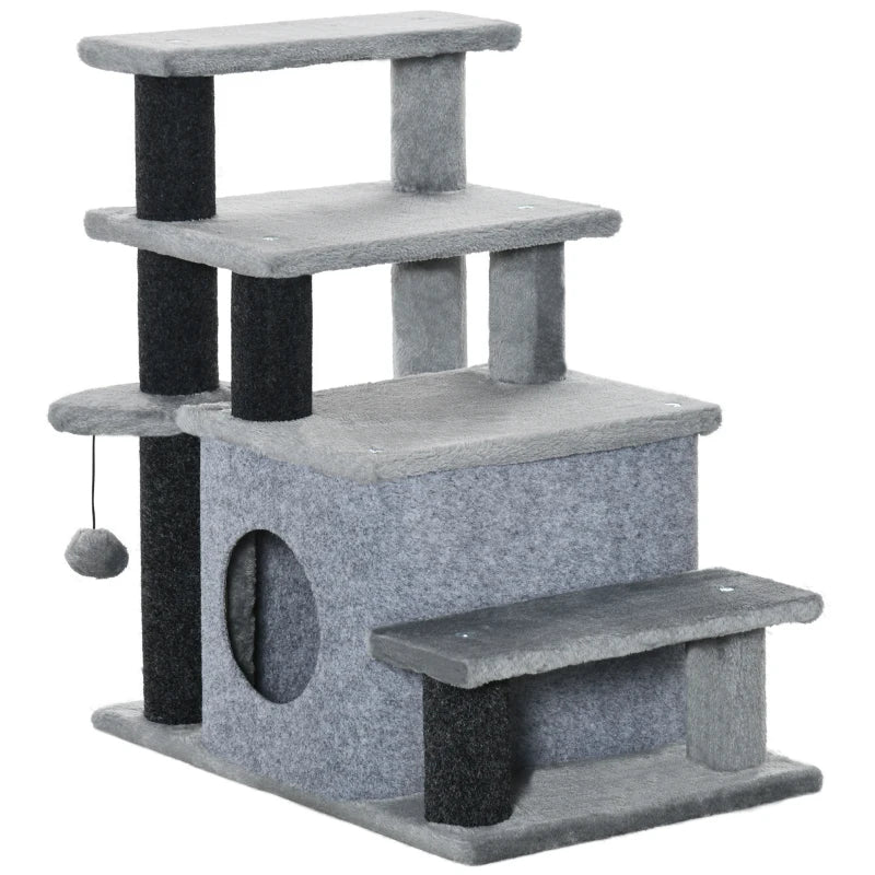 Adjustable Cat Steps with House & Hanging Toy Ball - Grey | Perfect for Cats of All Sizes