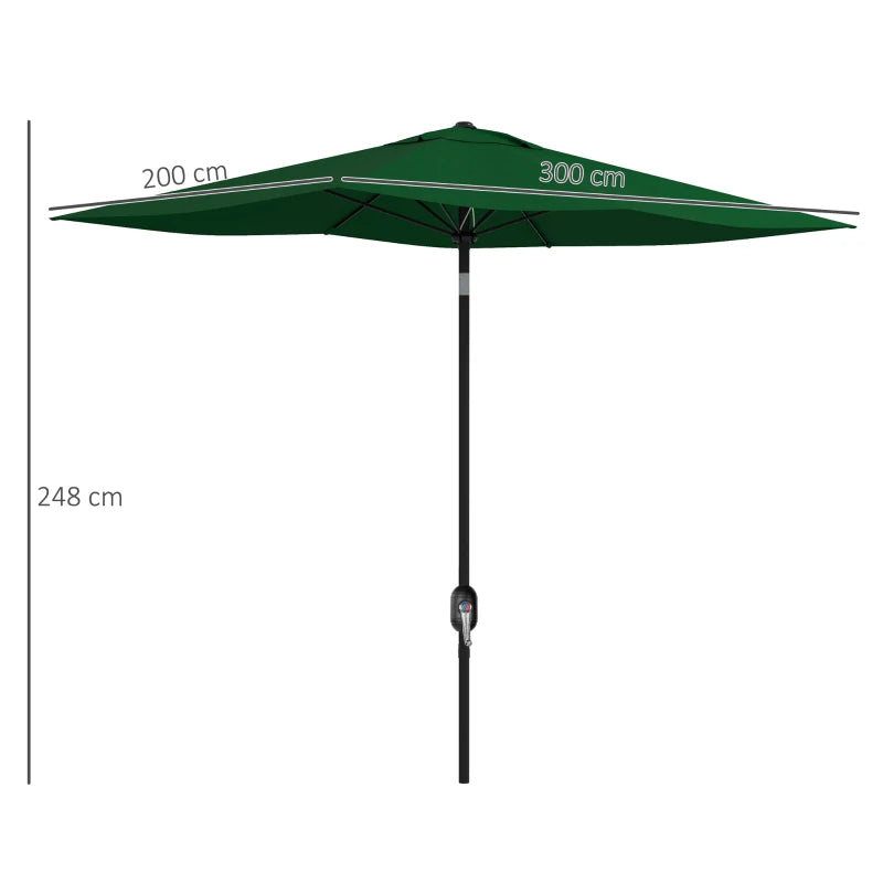 Green Rectangular Outdoor Market Umbrella with Crank Tilt, 6 Ribs, Aluminium Pole, 2x3m