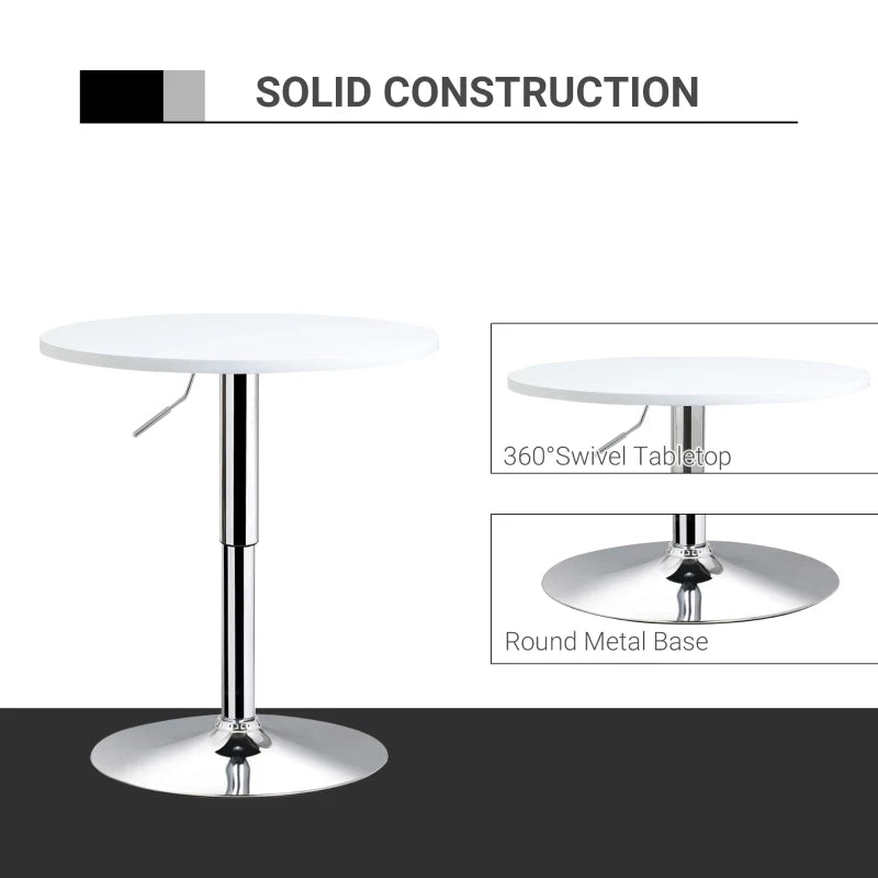 Adjustable Height Round Bistro Table 60cm - Stylish White Metal Frame Swivel Top for Kitchen & Conservatory