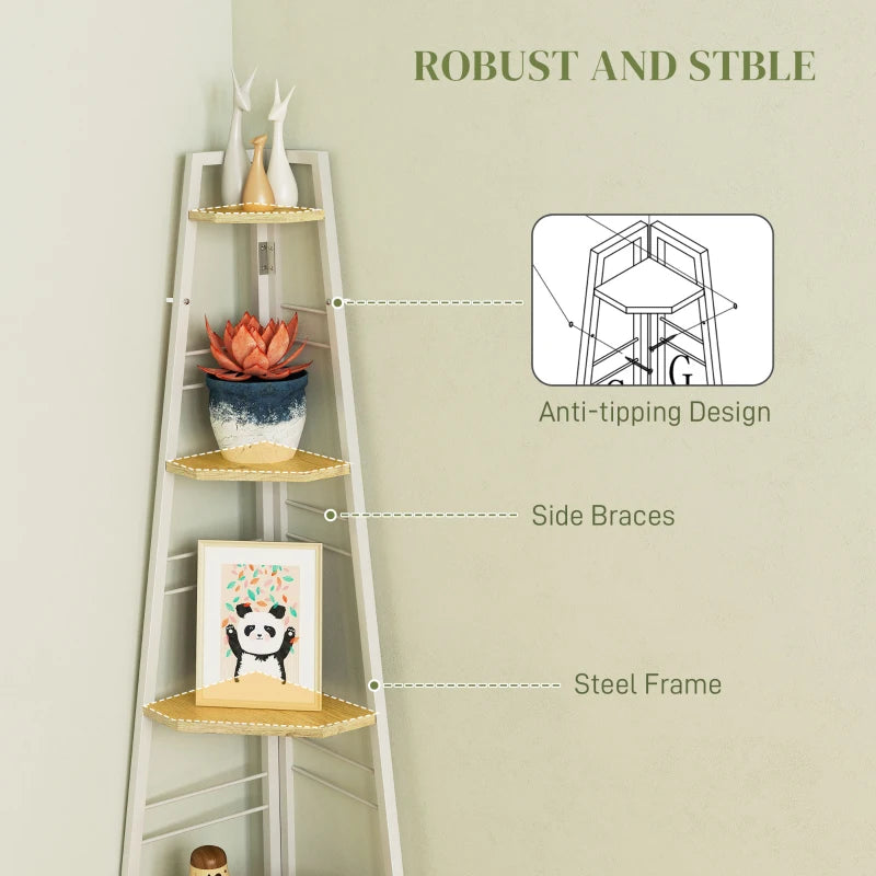 Stylish Five-Tier Corner Shelf - White and Wood-Effect Storage Solution for Home Decor and Organization