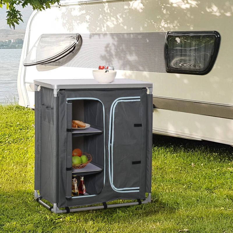 Aluminum Camping Cupboard & Kitchen Station - 3-Shelf Cook Table Storage Organizer for BBQ, Party & Picnic