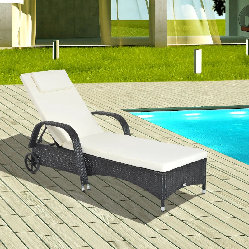Black Rattan Sun Lounger with Adjustable Headrest and Cushion
