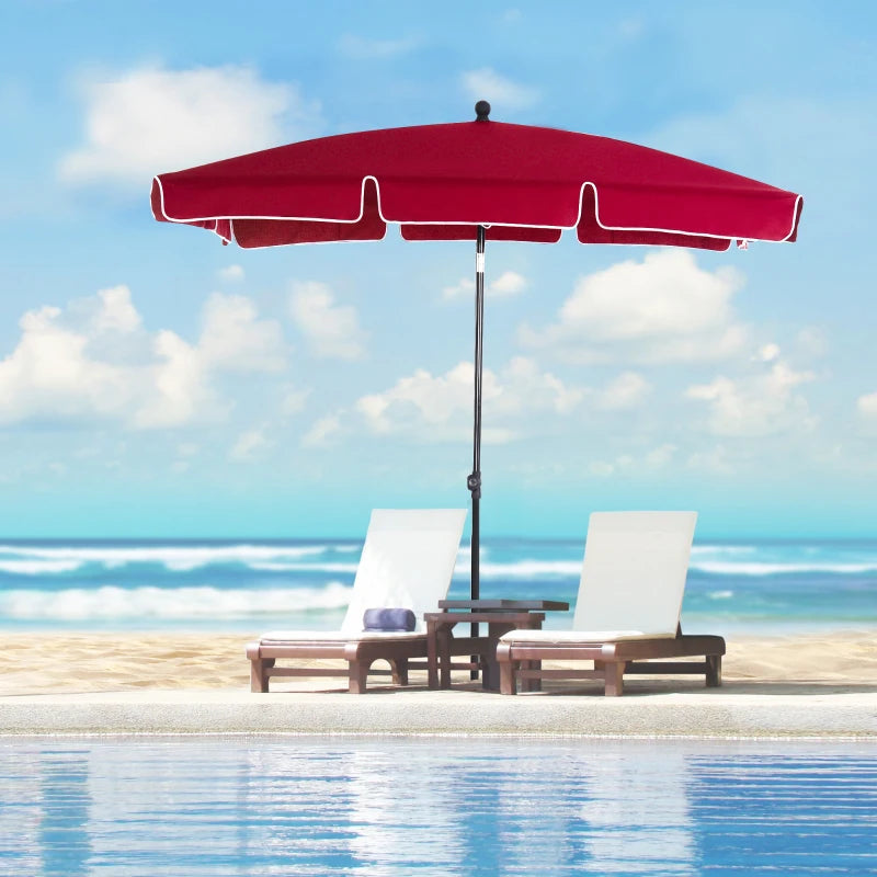 Red Rectangular Garden Parasol with Ruffles & Tilting Canopy