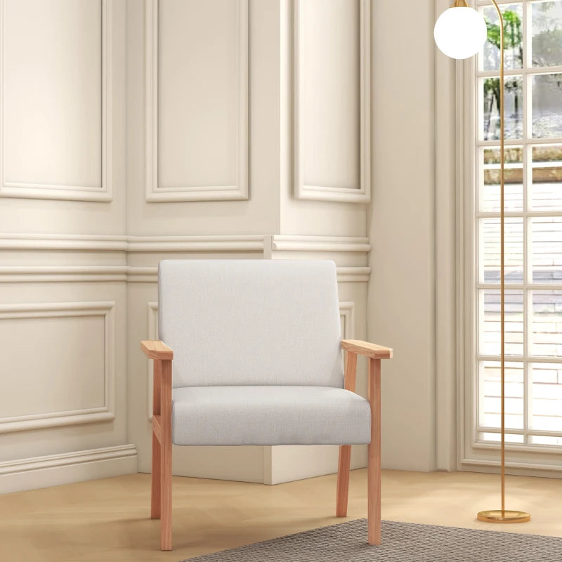 Stylish Cream White Accent Chair with Thick Linen Cushions and Wooden Frame for Home and Office