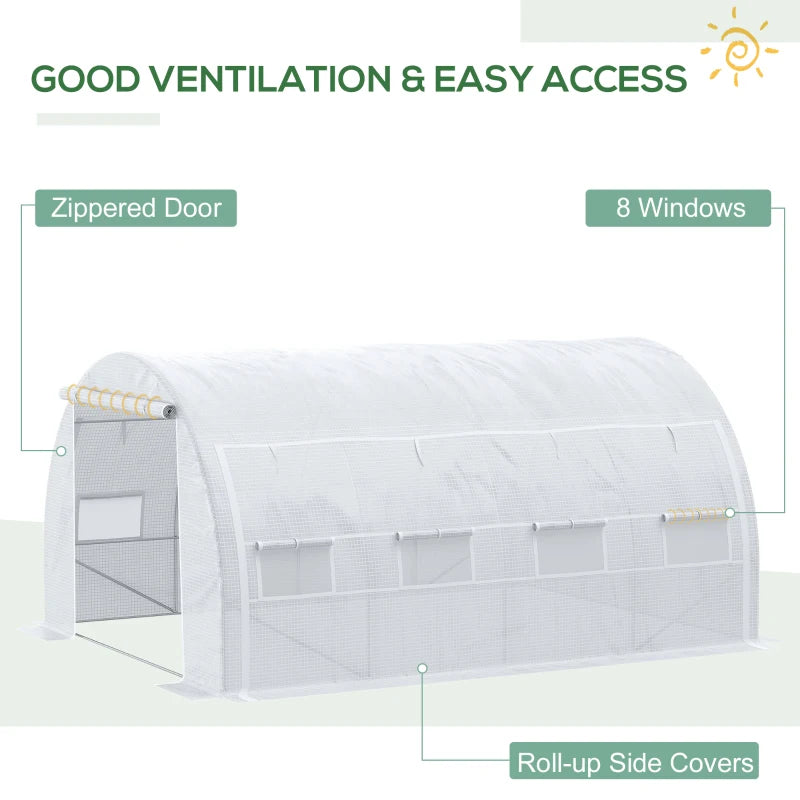 Green Walk-in Polytunnel Greenhouse with Roll-up Side Walls, Steel Frame, Zipped Door - White