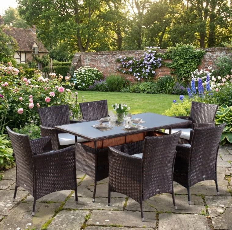 Brown 6 Seater Rattan Dining Set with Cushions and Rectangular Glass Top Table