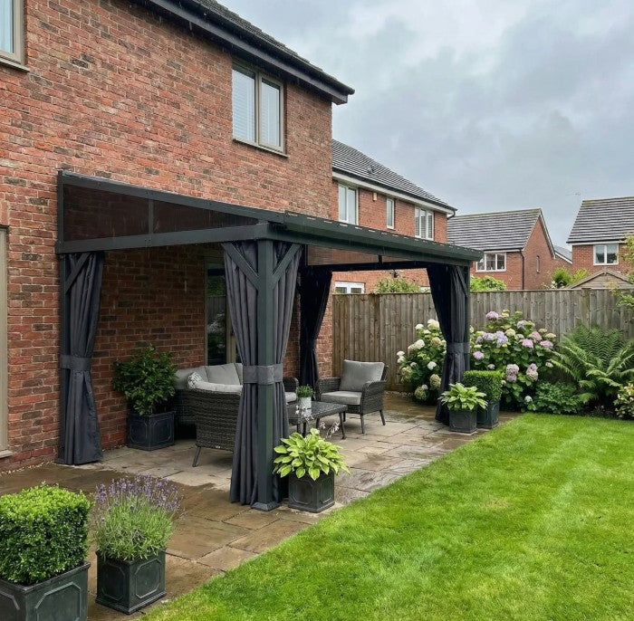 4.3m x 3m Lean-To Garden Pergola with Galvanised Steel Roof – Dark Grey Patio Gazebo with Netting Curtains for All-Weather Outdoor Living