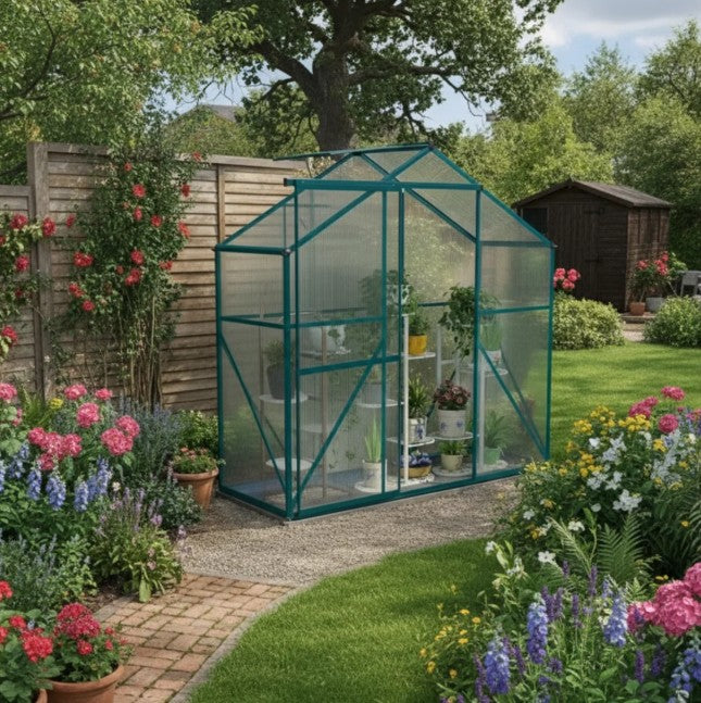 6ft x 2.5ft Green Polycarbonate Walk-In Greenhouse with Rain Gutter, Sliding Door, Window & Foundation