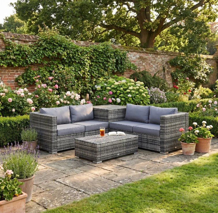 4 Seater Mixed Grey Corner Rattan Sofa With Glass Top Table and Storage Unit