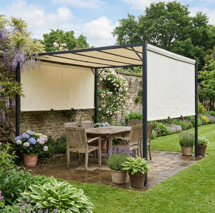 3x3m Metal Pergola with Sliding Canopy Roof – Heavy-Duty Garden Gazebo Party Tent Sun Shelter in Cream White & Black