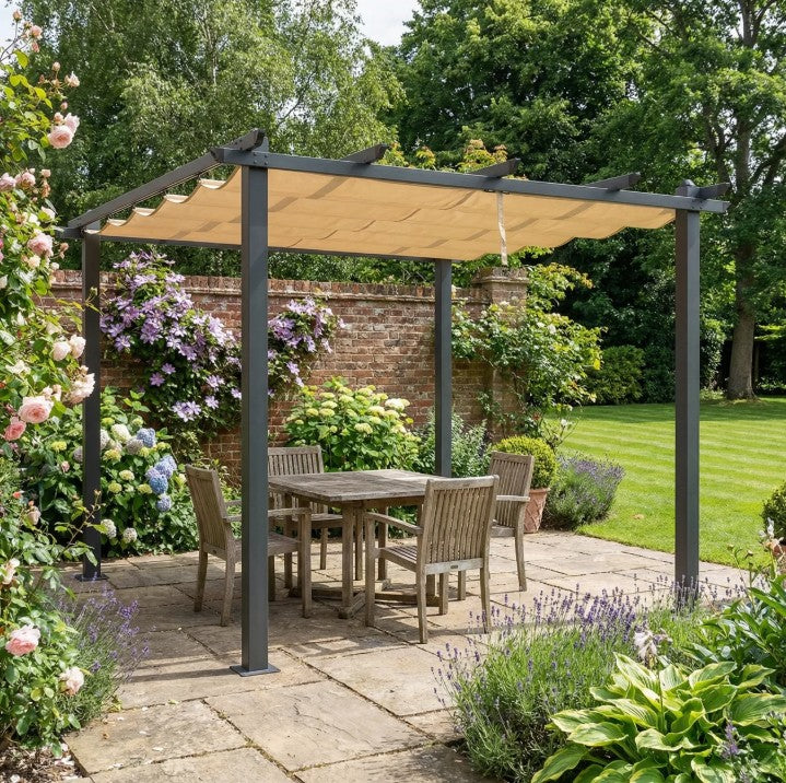 3m x 3m Khaki Aluminium Pergola with Retractable Roof