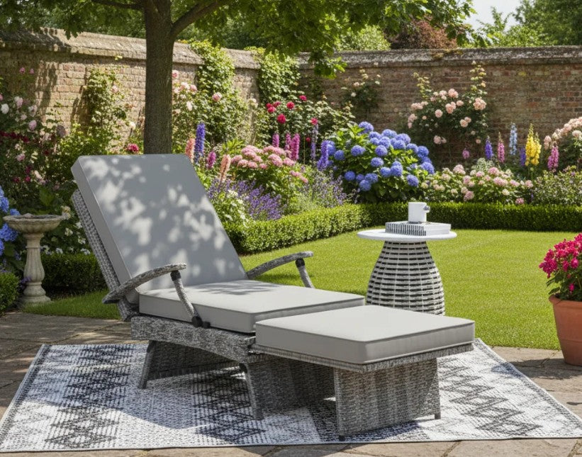 80° Reclining Rattan Lounger With Padded Cushions - Grey