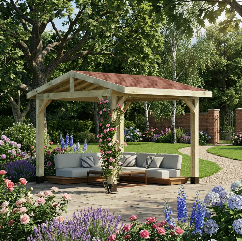Ruby Wooden Apex Gazebo with Katepal Red Shingle Roof - Classic Garden Gazebo (No Overhang)