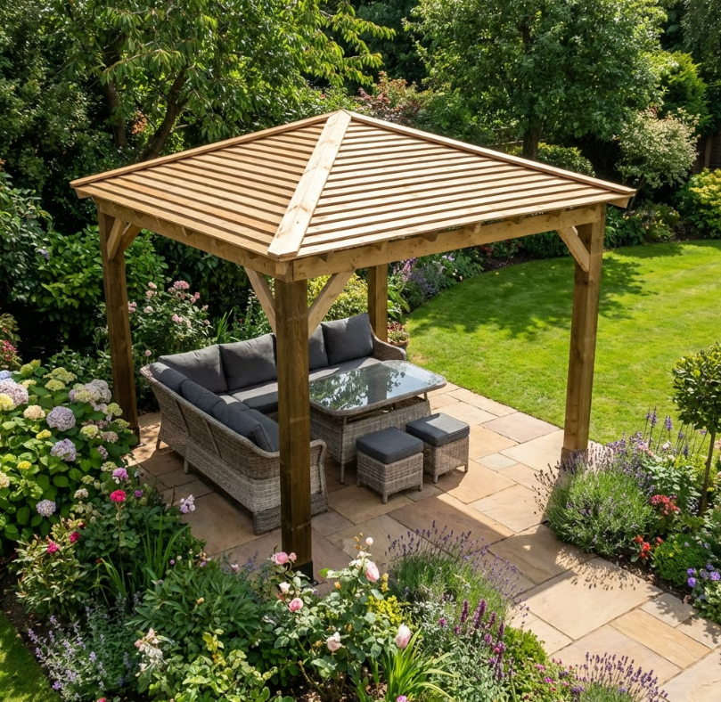 Ruby Wooden 4 Pitch Gazebo with Cedar Featheredge Roof – Classic Garden Shelter