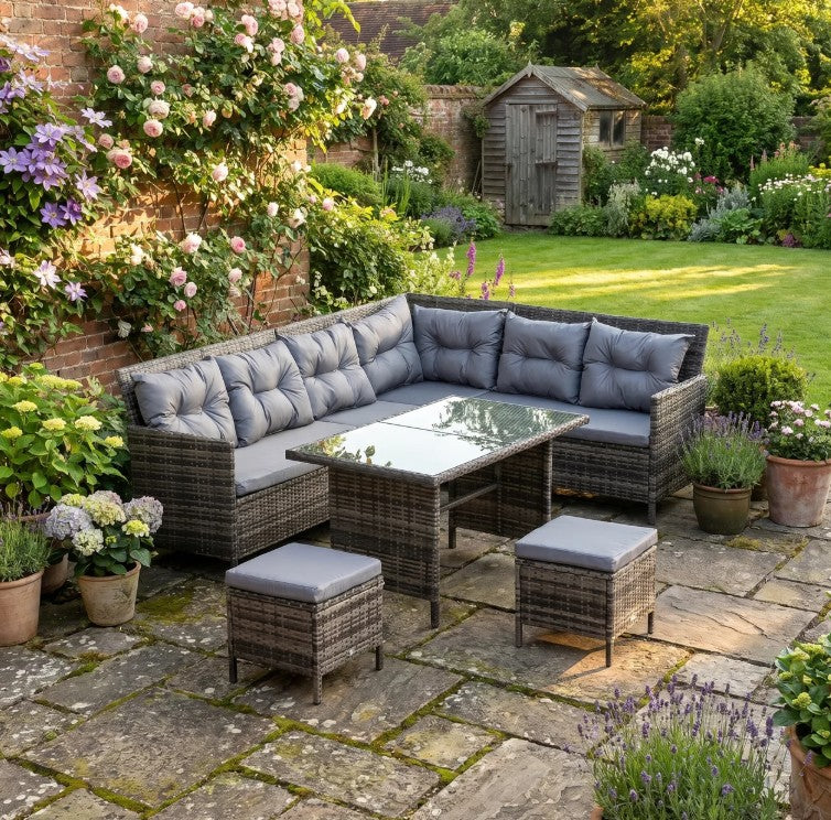 Mixed Grey 8-Seater Wicker Sofa Set With Glass Table & Cushions