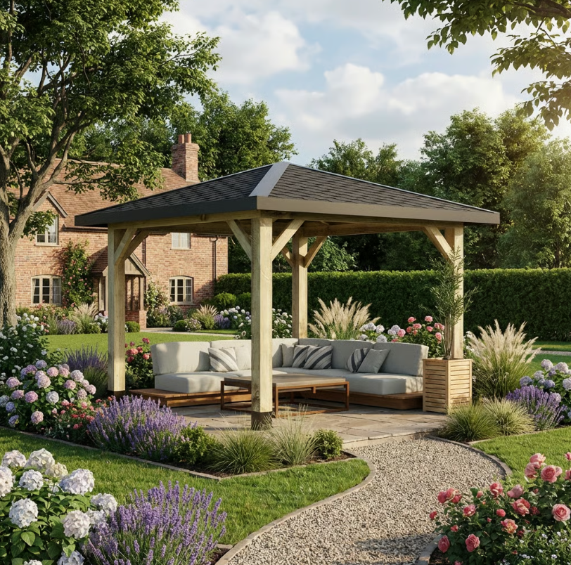 Ruby Heavy Duty Wooden Gazebo with Katepal Black Shingle Roof – 4 Pitch Garden Design