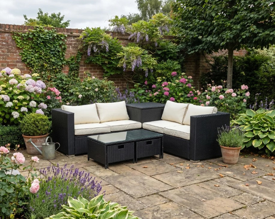 4 Seater Black Wicker Sofas With Cream Cushions, Glass Top Table and Storage Unit