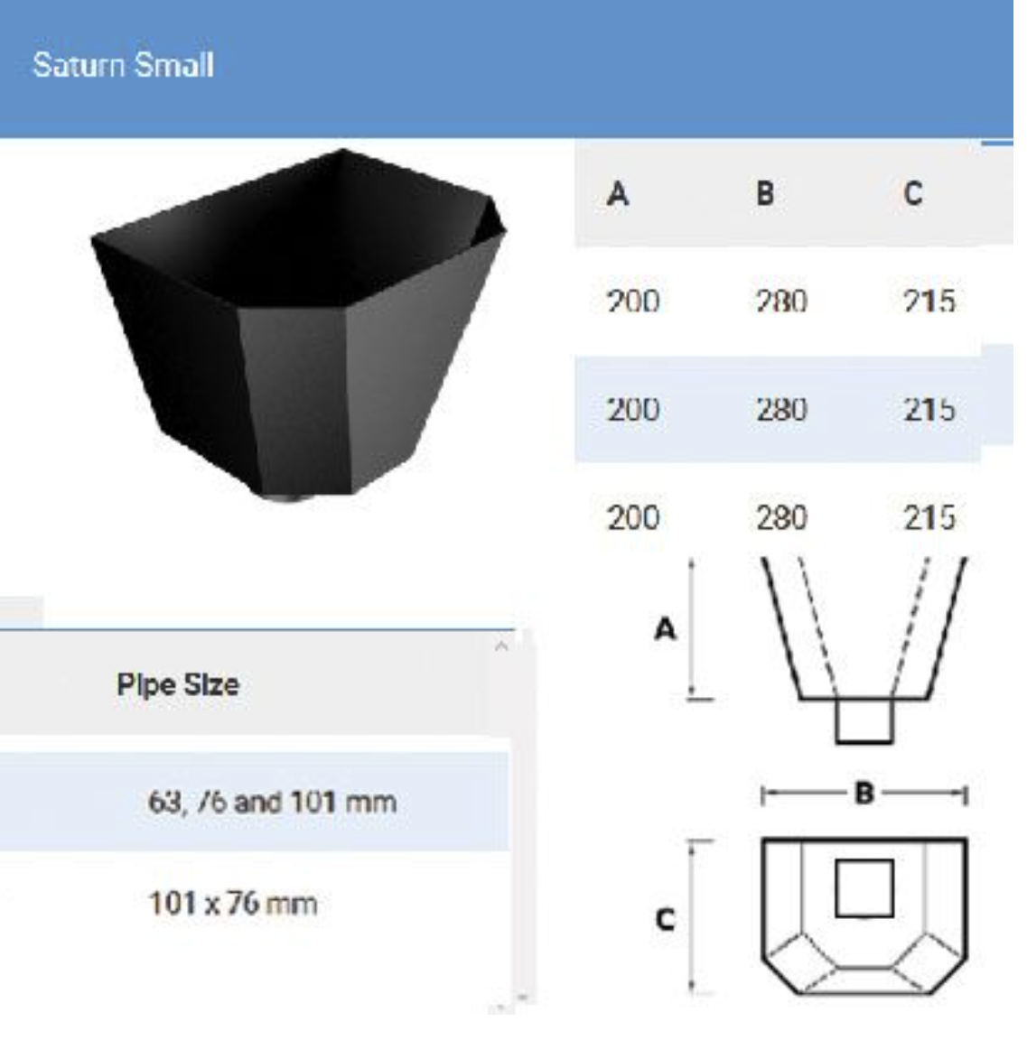 280mm Saturn Hopper Aluminium with Square 76mm outlet PPC - Matt Black (RAL 9005)