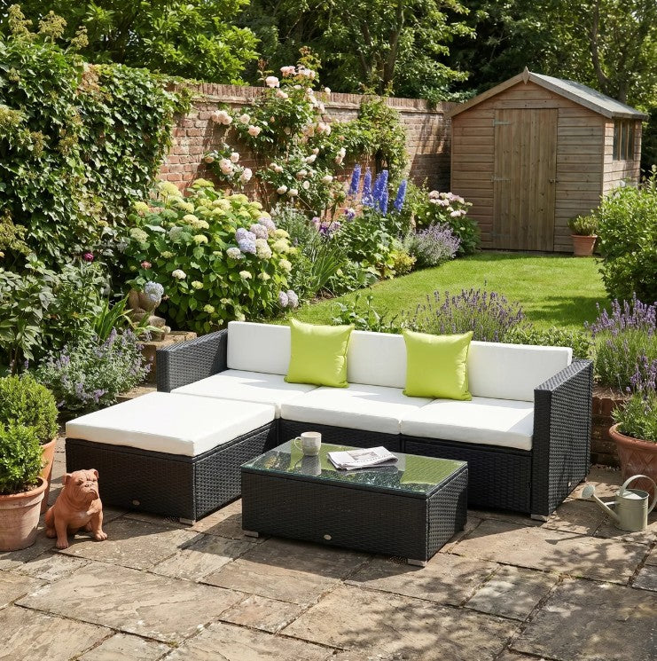 Black 4-Seater Rattan Sofa Set With Coffee Table and Cushion Pillows