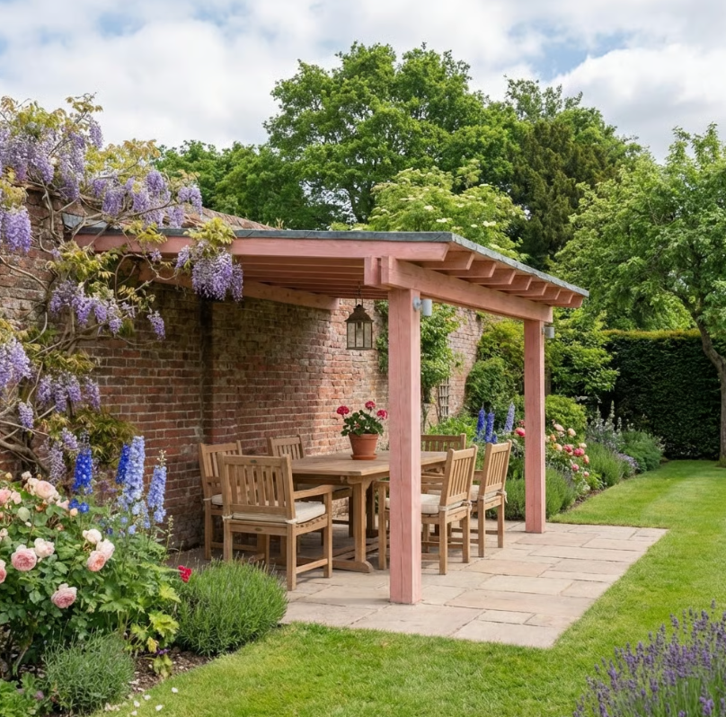 Planed Larch Lean-To Gazebo with Katepal Grey Shingle Roof