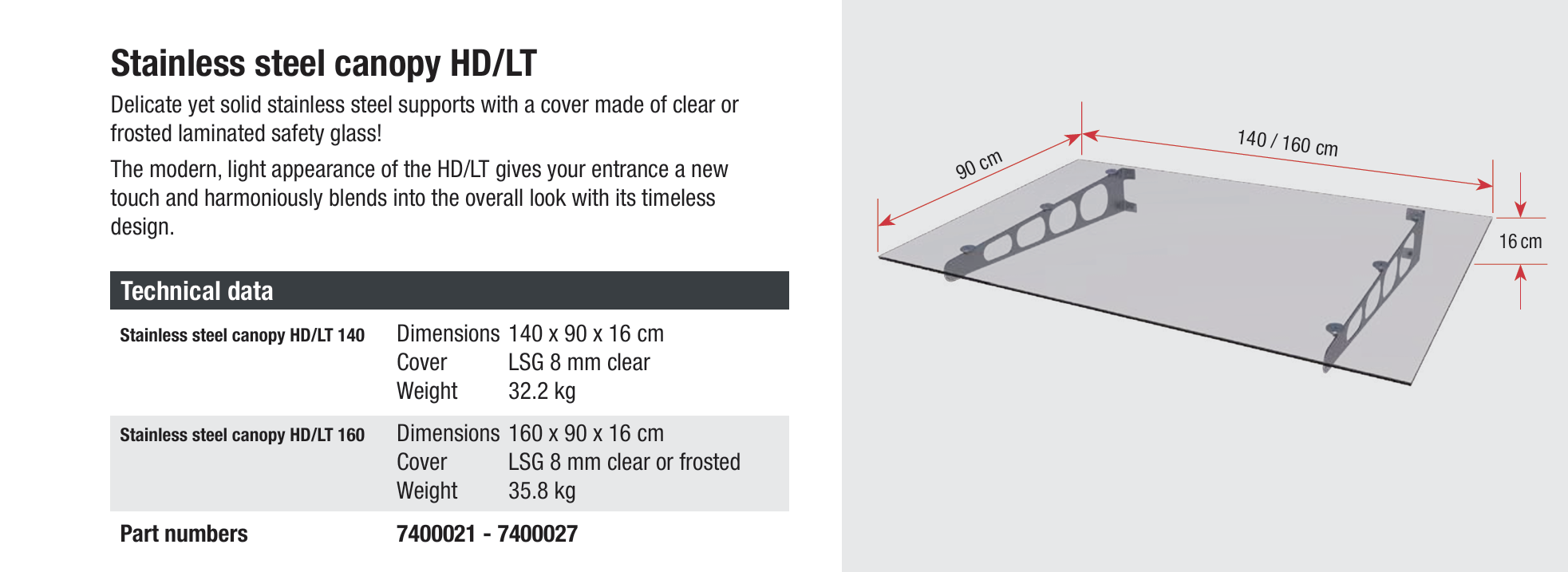 HD Stainless Steel LT Canopy 140 x 90 x 16cm - Clear 8mm Glass