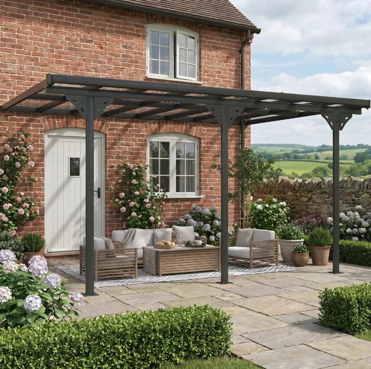 Aluminium Lean To Metal Pergola - 4.35m x 3m, PC Roof, Grey