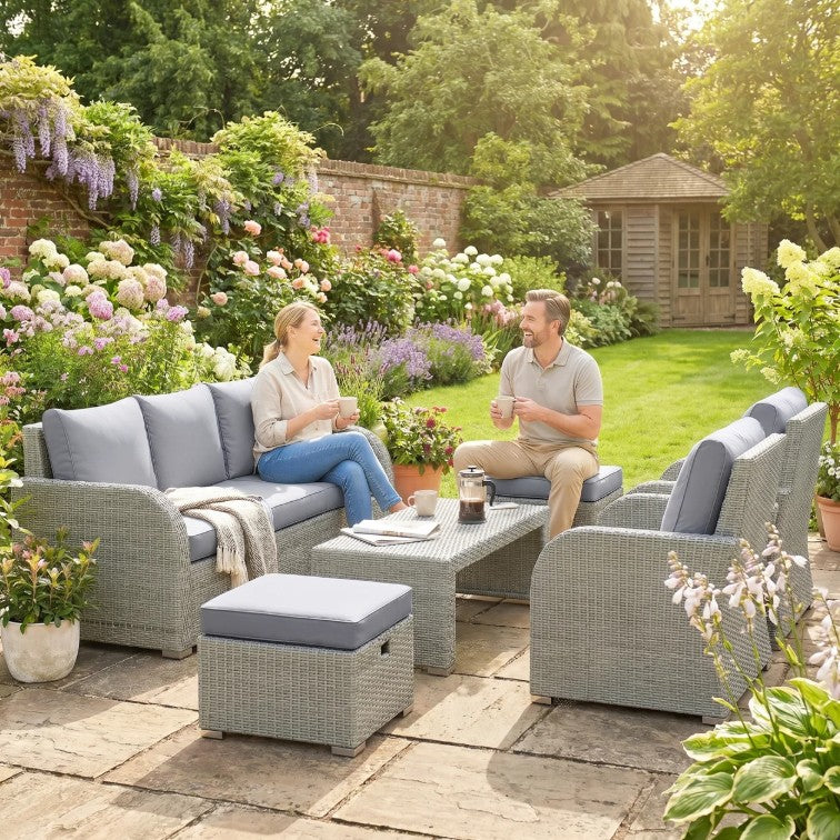 Dark Grey 6-Piece Rattan Garden Lounge Set with Reclining Armchairs, Hidden Footstools & Coffee Table