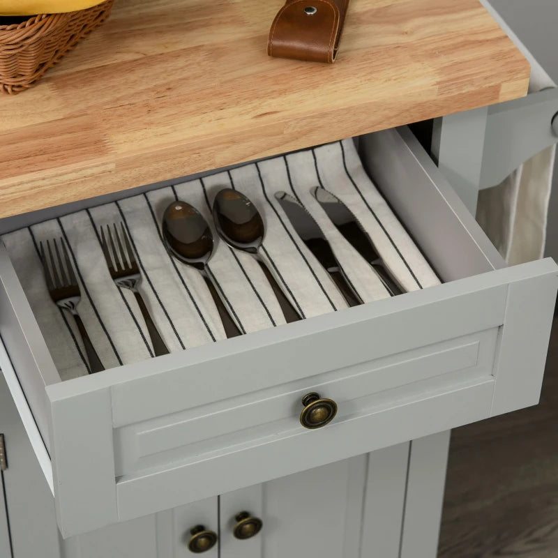 Rolling Kitchen Island Storage Trolley with Rubber Wood Top & Drawers - Stylish Grey Dining Room Cart