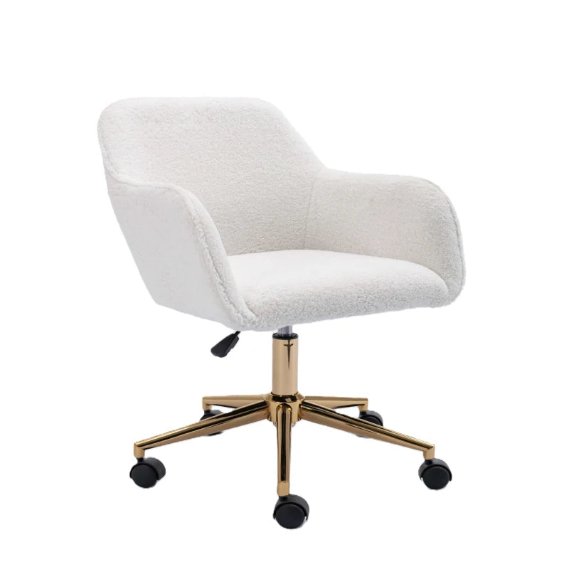 Adjustable Height Swivel Executive Office Chair with Gold Legs, Ergonomic Backrest, White Teddy Fabric, 58x58x86 cm
