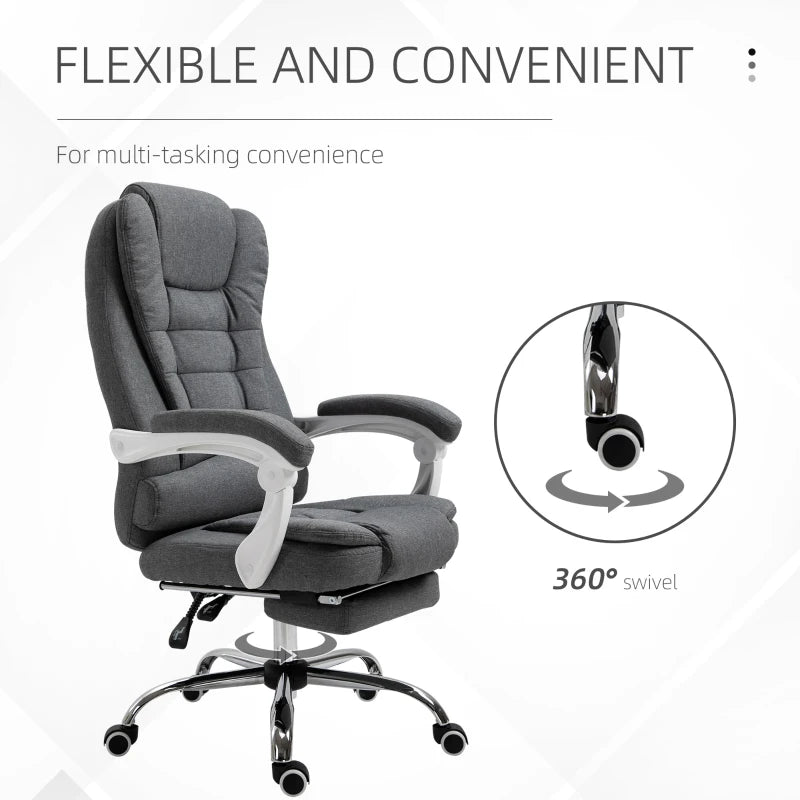 Vinsetto Grey Office Chair - Linen Fabric Swivel Desk Chair with Padded Cushion, 135° Recline & Retractable Footrest
