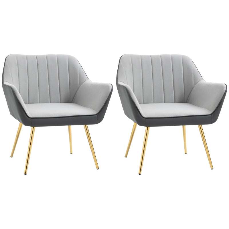 Set of 2 Velvet Accent Chairs with Gold Legs for Modern Living Room and Bedroom, Light Grey Upholstery