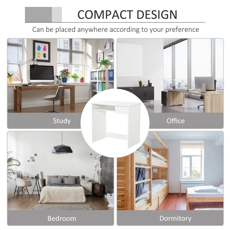 80cm Compact Computer Desk with Keyboard Tray & Drawer - Stylish Home Office Desk for Bedroom Study, White Finish