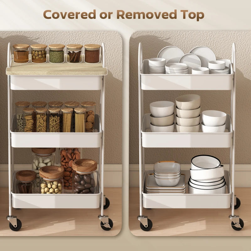 3-Tier Kitchen Storage Trolley on Wheels with Cover Top Board - Stylish White and Oak Design for Easy Organization