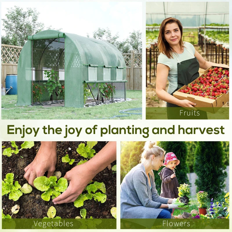 Green Walk-in Polytunnel Greenhouse with Roll-up Sidewalls, UV-resistant Cover, 3x2x2m