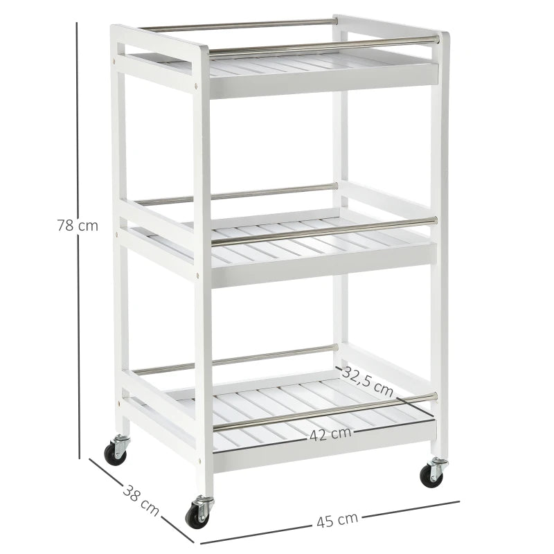 3-Tier Rolling Kitchen Storage Cart with Steel Bars & 4 Wheels - White Home Organizer for Living Room & Kitchen