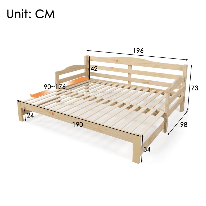 Natural Solid Pine Wood Daybed with Pull-Out Trundle - Versatile Sofa Bed, 196x98-182x73 cm, Durable MDF Construction
