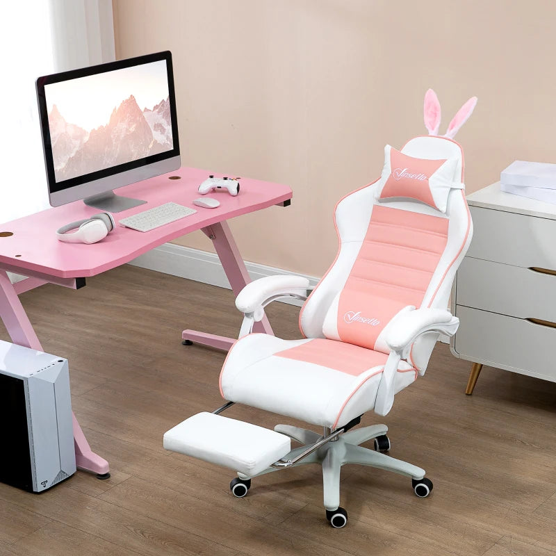 Vinsetto Pink Racing Gaming Chair - Reclining PU Leather, Removable Rabbit Ears, Footrest, Headrest & Lumbar Support