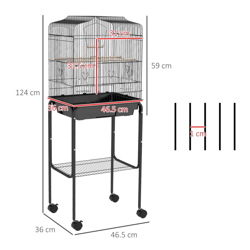 Bird Cage for Budgies Finches and Parakeets with Stand Wheels and Slide-out Tray Storage Shelf Black
