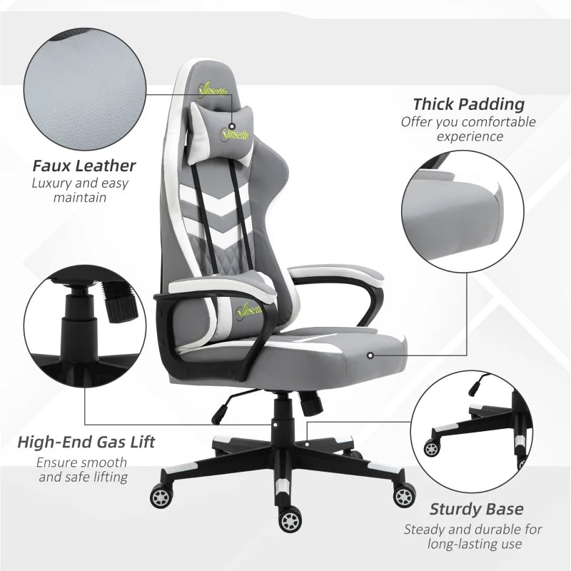 Vinsetto Gaming Chair - Ergonomic Computer Desk Chair with Lumbar Support, Faux Leather, Headrest & Swivel Wheels - Grey White