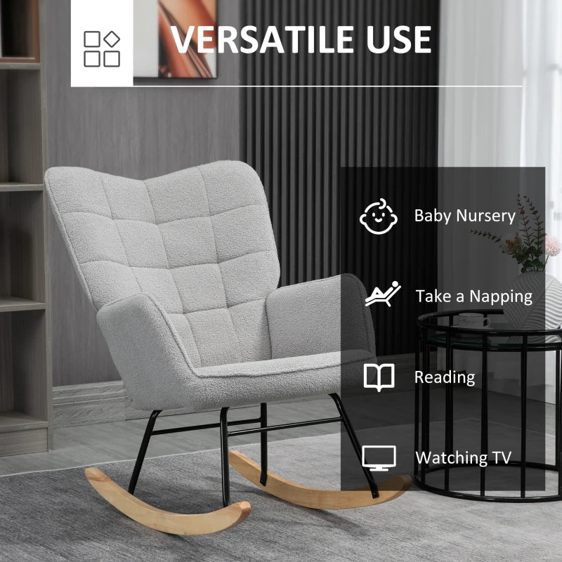 Berber Fleece Nursery Glider Rocker for Nursing, Wingback Rocking Chair in Light Grey for Living Room