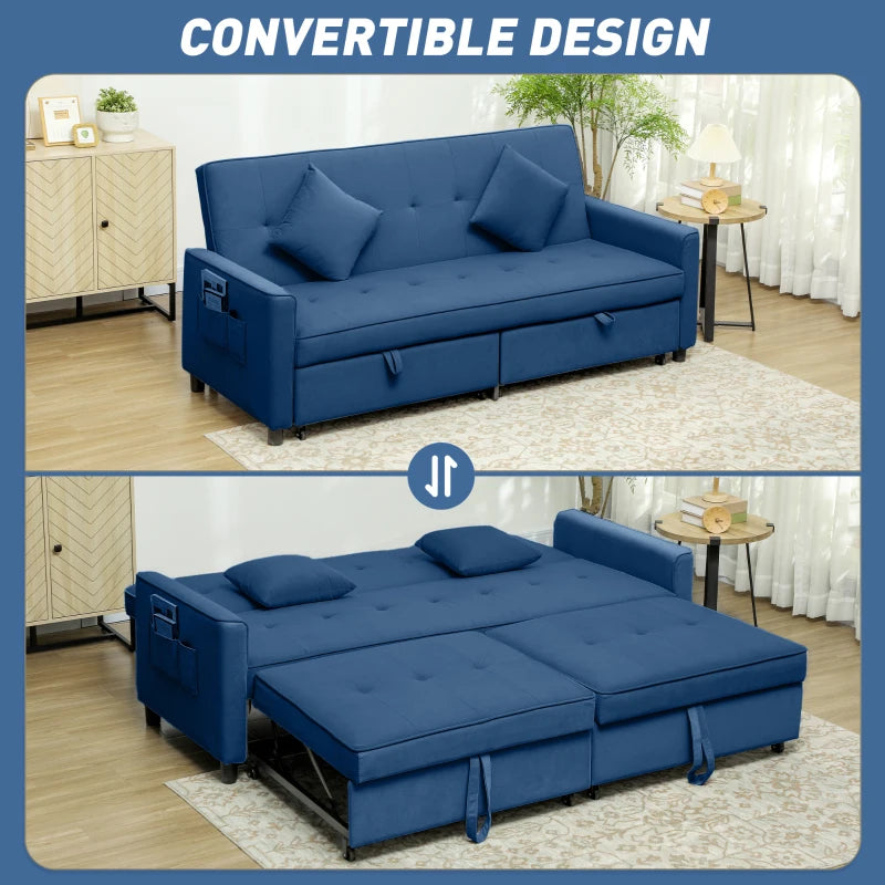 Three-Person Velvet Sofa Bed in Blue - Stylish and Comfortable Seating Solution