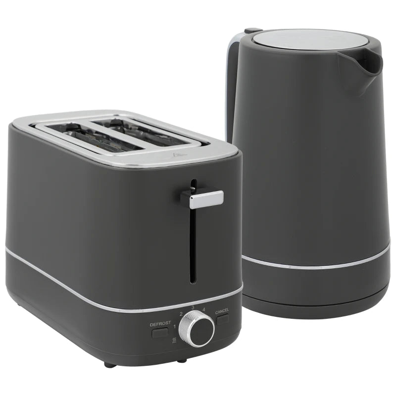 Premium Grey Kettle and Toaster Set - 1.7L Fast Boil 3000W Kettle & 2 Slice Toaster with 6 Browning Levels