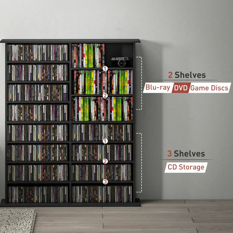 16-Compartment Black Media Shelf - Stylish Storage Solution for DVDs, Games, and Books - Perfect for Home Organization