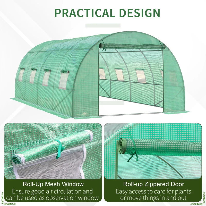 Green Walk-in Garden Tunnel Greenhouse, 6x3M, Roll-Up Door, 8 Windows