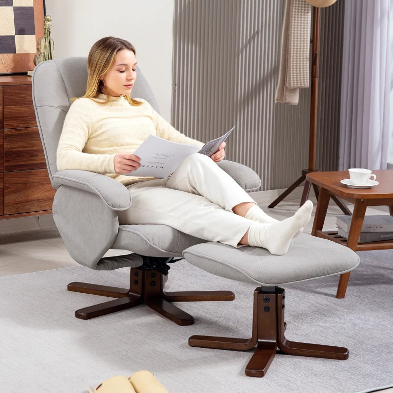 Linen Swivel Recliner Chair with Footstool - Upholstered Armchair with Wooden Base for Living Room in Light Grey