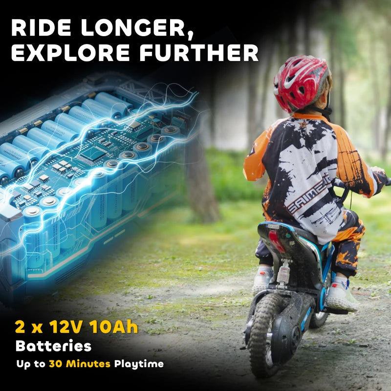 24V Electric Motorbike for Kids with Twist Grip Throttle Music Horn 12 Inch Tyres Blue