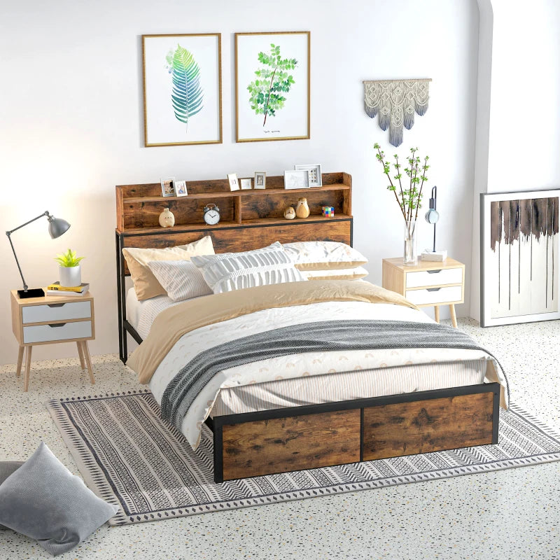 Industrial King Bed Frame with Storage Headboard & Footboard, 5.2FT Steel Base, Slatted Support, Rustic Brown, 158x222cm