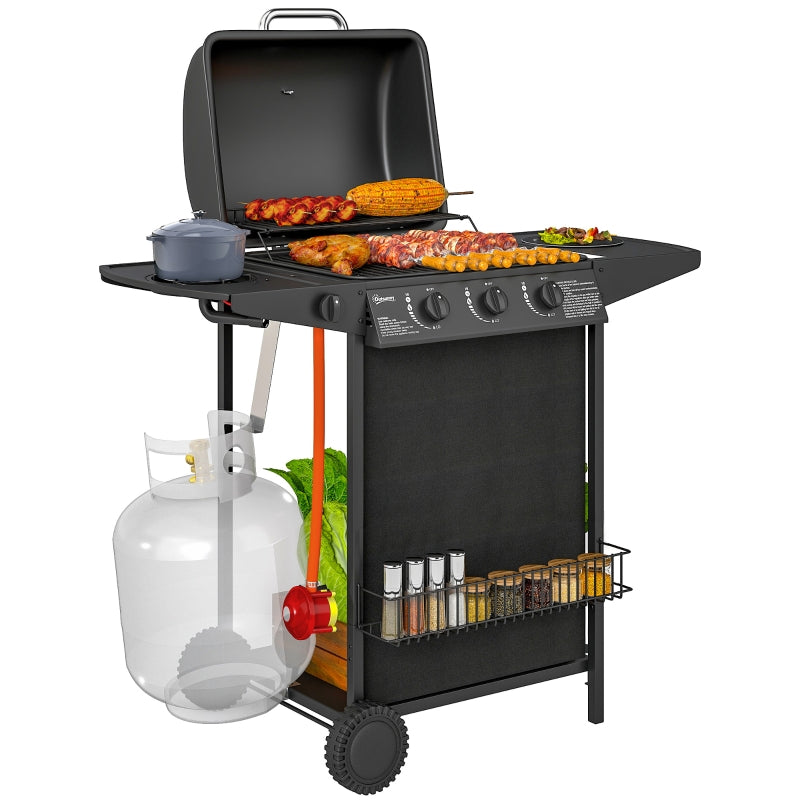 3+1 Burner Portable Gas BBQ Grill with Thermometer, Side Table, Wheels for Outdoor Cooking