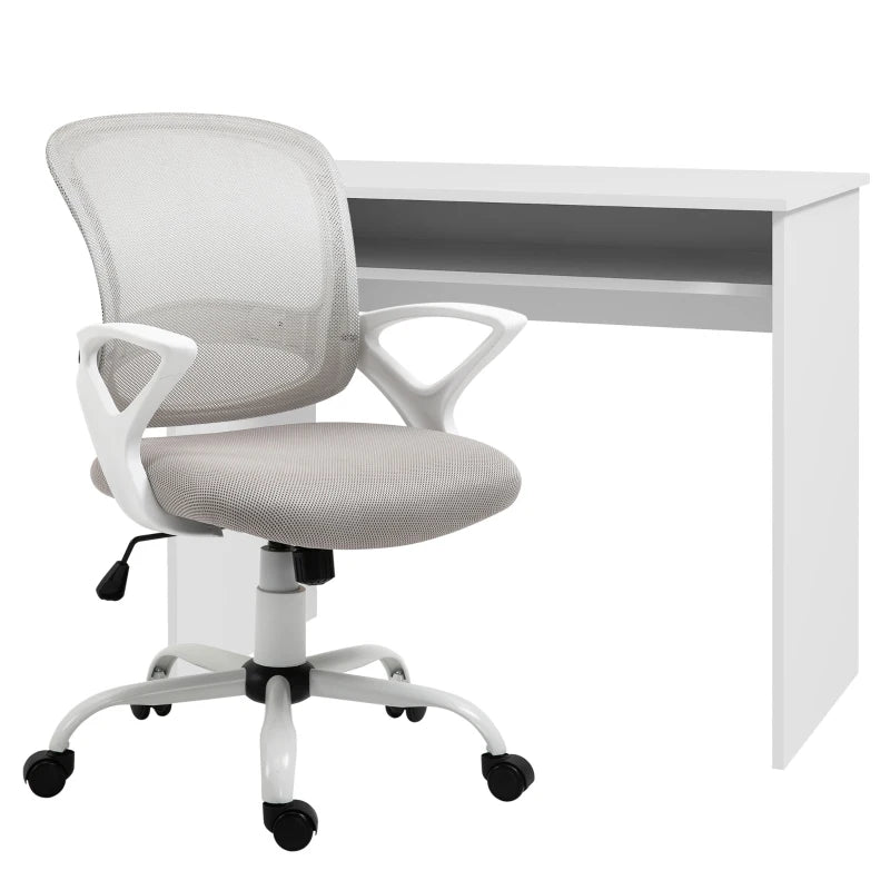 Vinsetto Home Office Chair & Computer Desk Set - Mesh Swivel Chair & High Gloss White Grey Study Desk with Storage